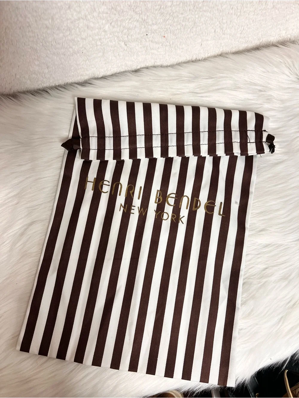 Henri Bendel Brown and White Striped Drawstring Pouch with Gold Logo
